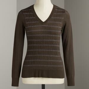 Merino Wool Sweater Women Med Brown Textured V-Neck Knit Top Y2K 90s Era Classic